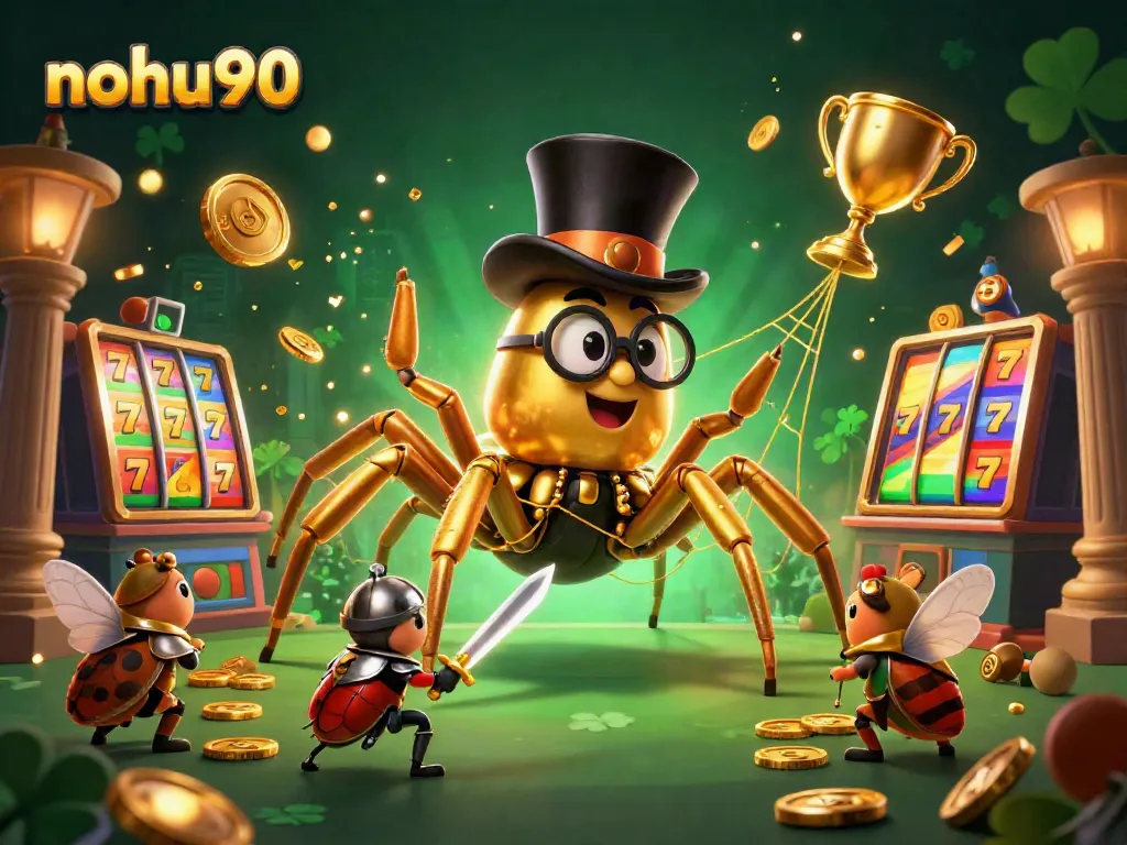 Experience nohu90 through a vibrant 3D casino atmosphere with a golden tarantula and beetle knight amidst spinning slot reels.
