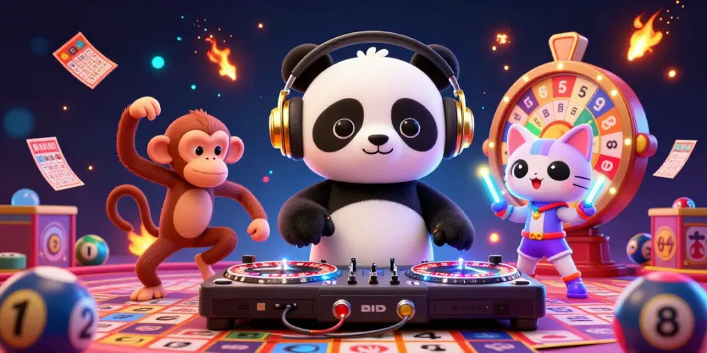 Genggam kesempatan menang dalam lotere dengan lakontoto link, gambar DJ panda dan karakter bersemangat.