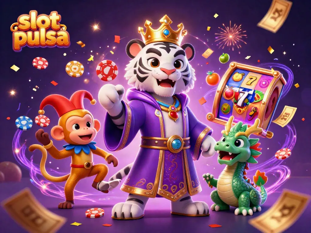 Slot pulsa menampilkan harimau kartun 3D dalam bentuk tanda keberuntungan dengan simbol buah.