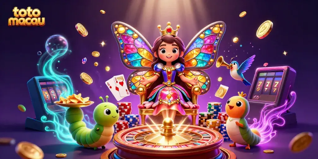 Menampilkan informasi toto macau dengan efek mencolok dari slot dan permainan kasino lainnya.