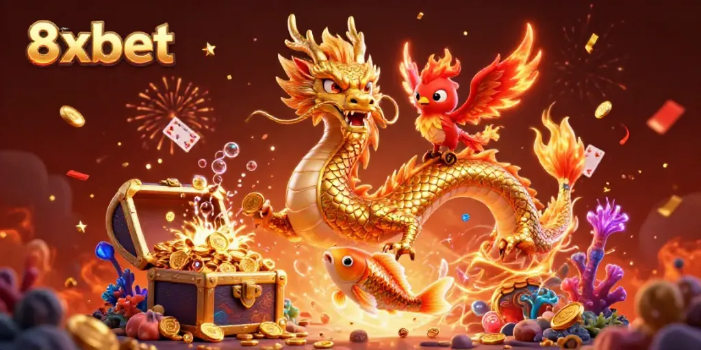 Experience excitement at 8xbet with a fierce dragon, phoenix, and koi fish in an engaging gambling-themed scene.