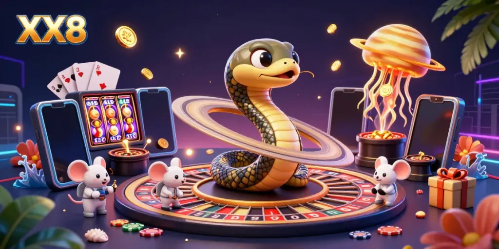 Experience the cosmic thrill of betting with XX8 as astronaut mice engage with a roulette wheel in space.
