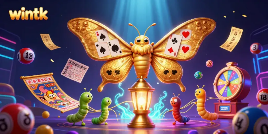 Experience wintk's vibrant casino action with a 3D moth and dynamic elements in a lively scene.