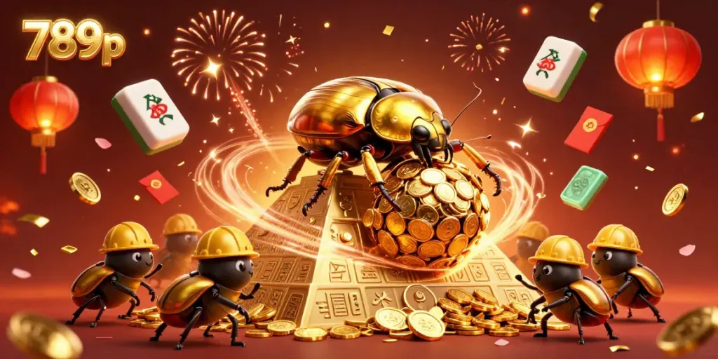 Experience the excitement of 789p with golden beetles amid a festive casino celebration.