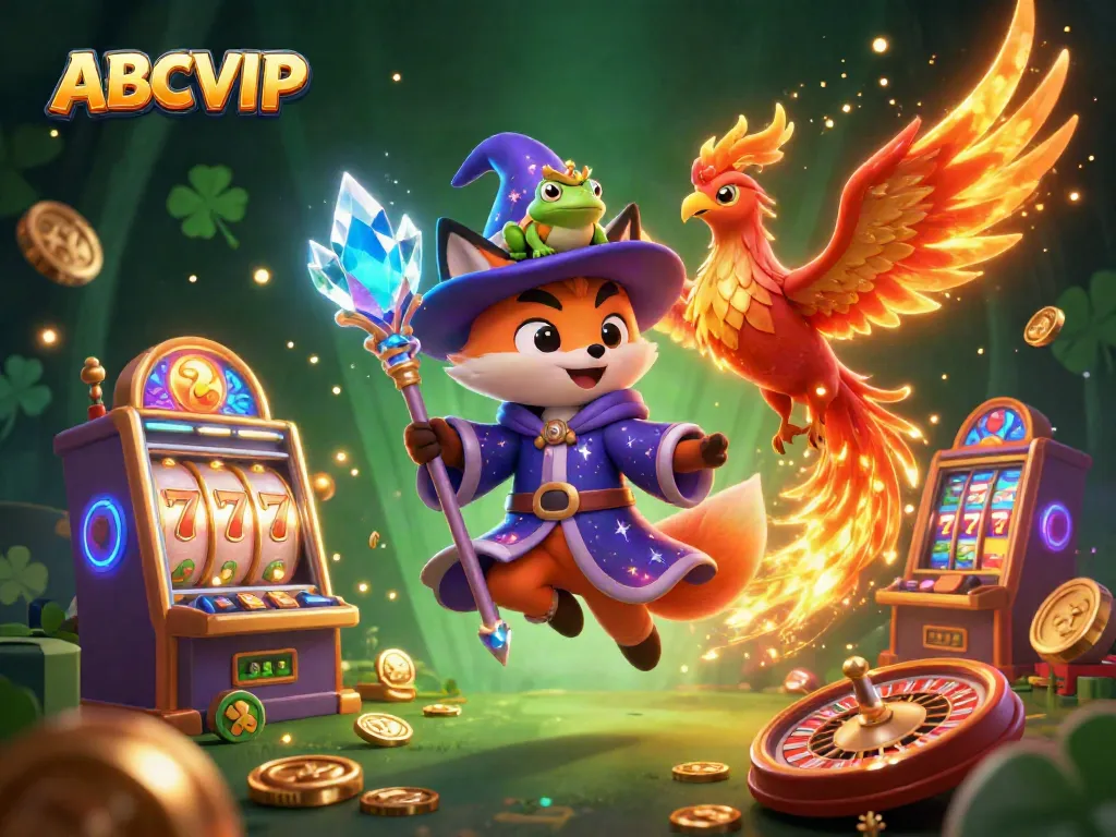 Experience casino magic with ABCVIP featuring a whimsical wizard fox and phoenix in a vibrant gambling arena.