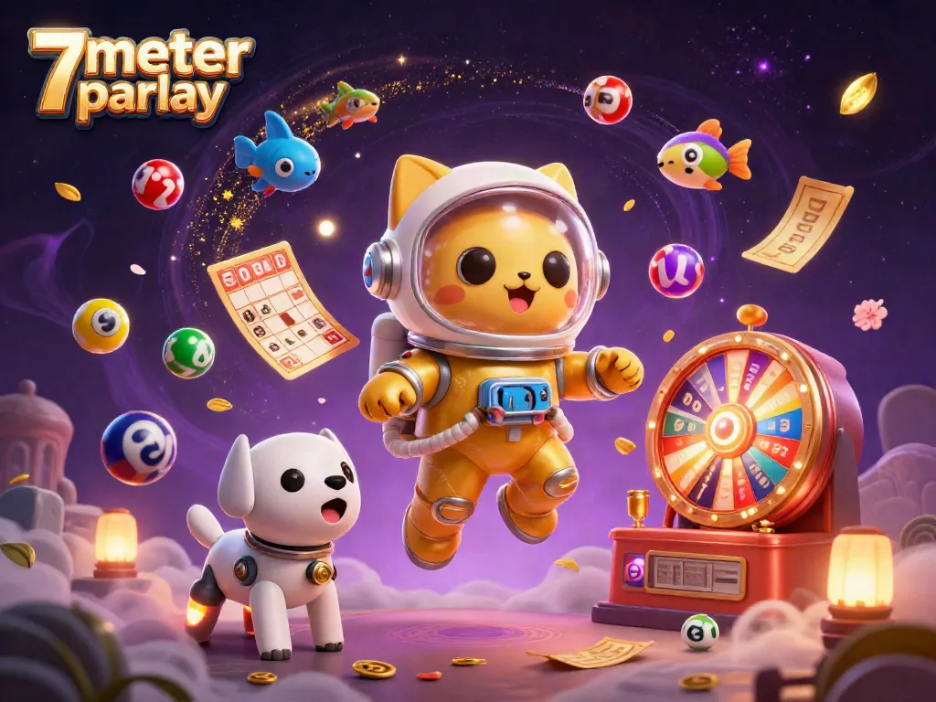 Engage with 7meter parlay in an exciting cosmic casino scene featuring vibrant lottery elements.