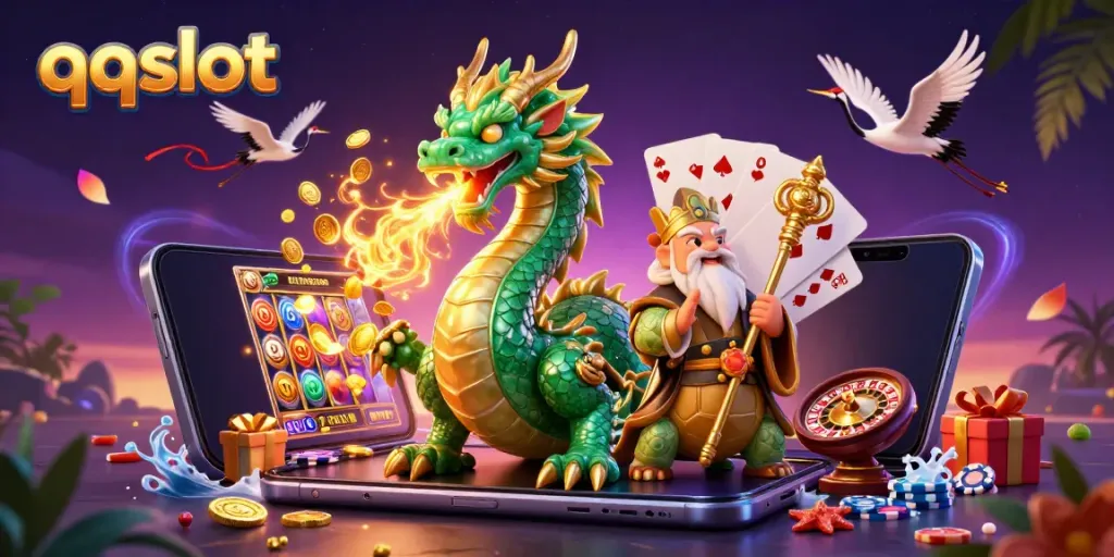 Experience thrilling gameplay with qqslot as a jade dragon breathes fire, surrounded by rich casino elements.