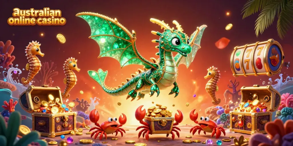 Experience the excitement of the australian online casino with a vibrant underwater scene featuring a sea dragon and slot reels.