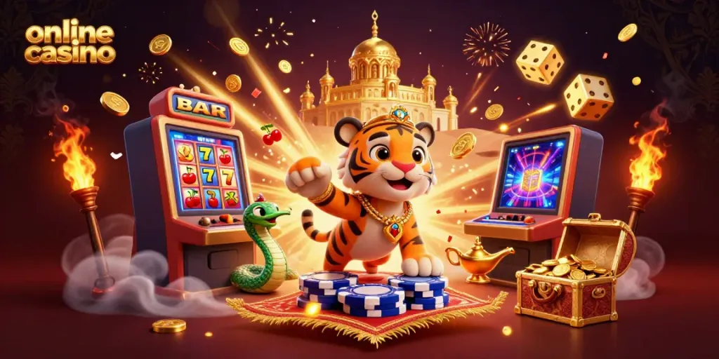 Engage with the vibrant scene of an online casino featuring a sultan with a golden palace, dynamic slot machine, and rich game elements.
