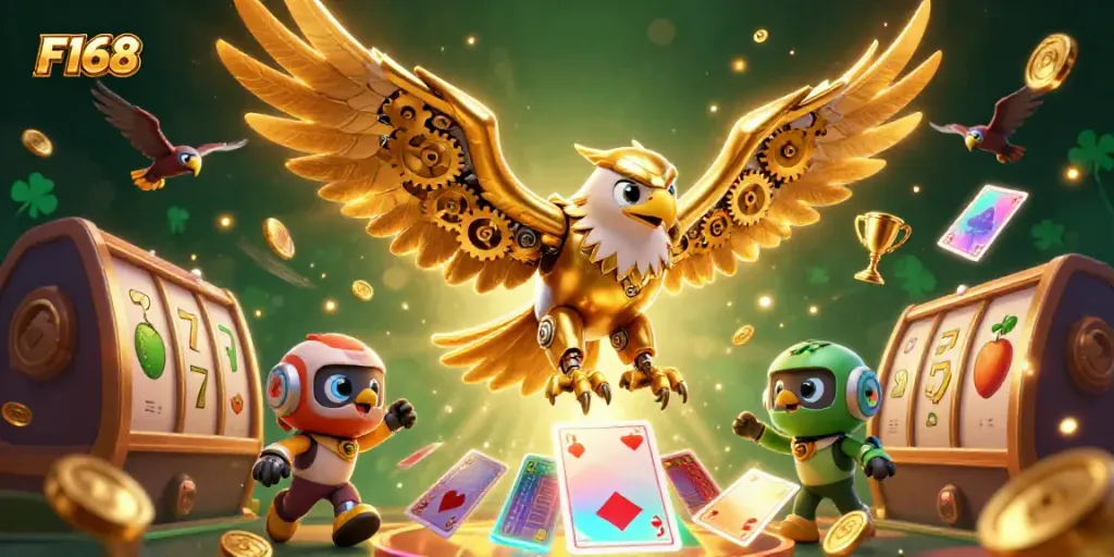 Experience thrilling F168 gaming with a vibrant 3D casino scene featuring a cybernetic eagle.