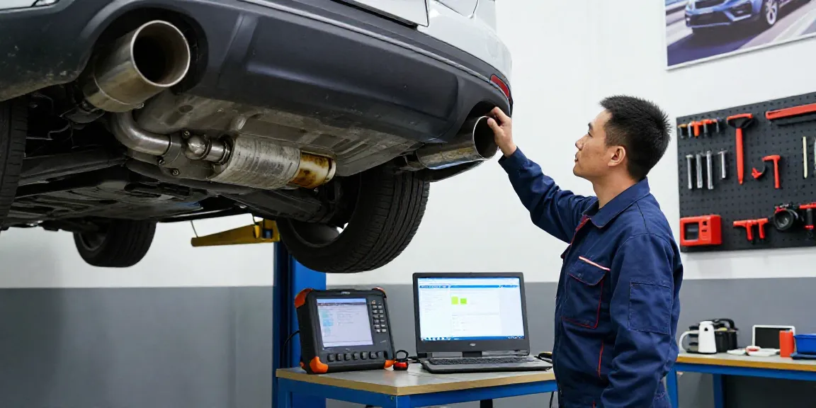 Mechanic examining a diesel vehicle's DPF regeneration process in an automotive workshop.
