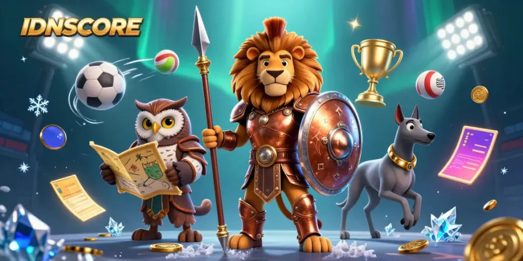 Engage with IDNSCORE, highlighting a dynamic sports betting scene featuring a Spartan lion, owl strategist, and greyhound.