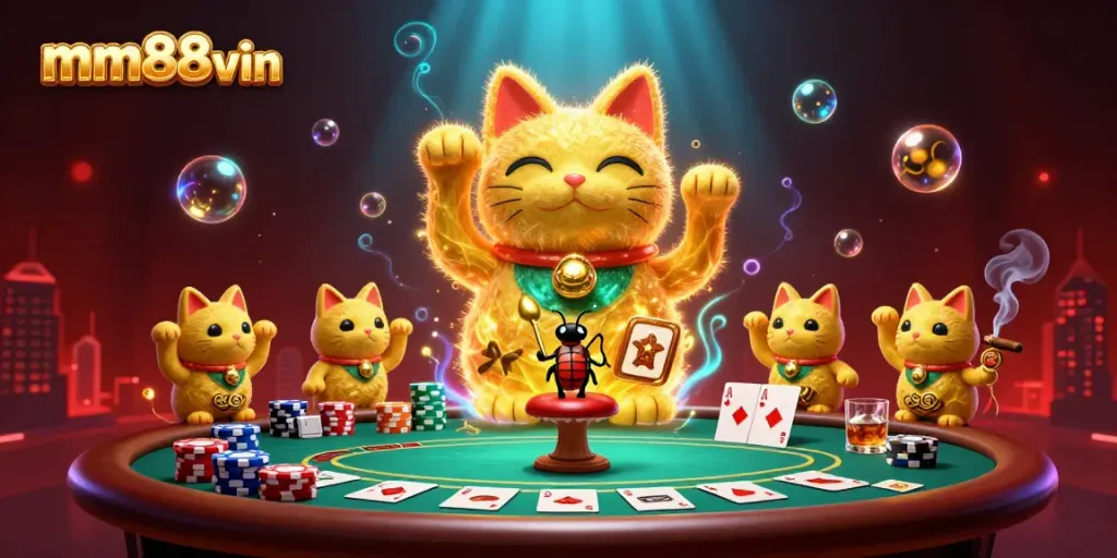 Experience the thrill of mm88vin with a vibrant 3D casino scene showcasing a giant lucky cat and poker elements.