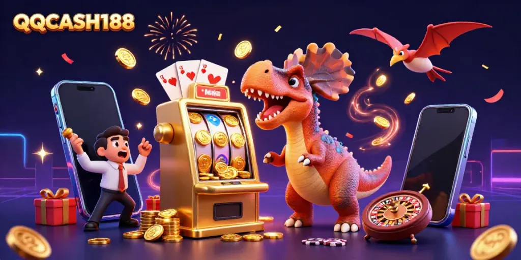 Join the fun with QQCASH188 as a dinosaur triggers a jackpot, surrounded by gaming elements.