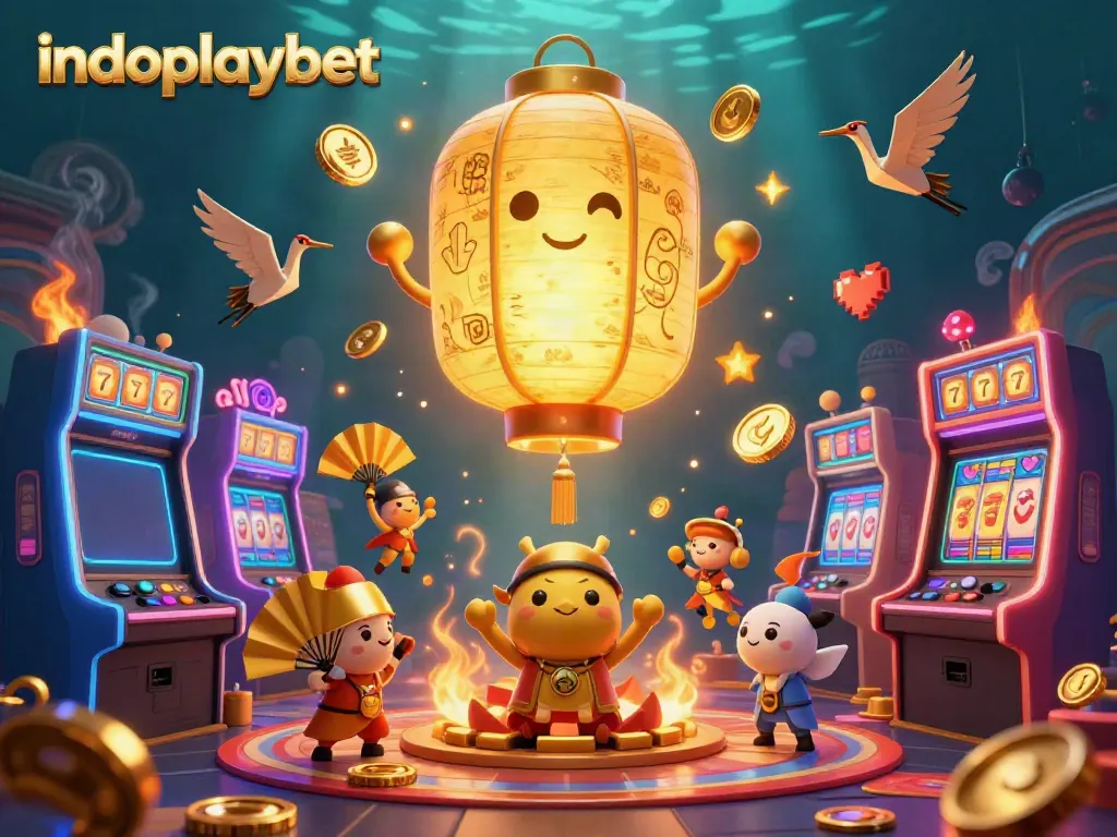 Indoplaybet menghadirkan suasana kasino yang berwarna-warni dengan karakter lampion emas dan elemen permainan keberuntungan.