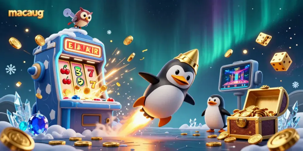 Experience the excitement of macaugg as a golden penguin soars through a vibrant casino galaxy.