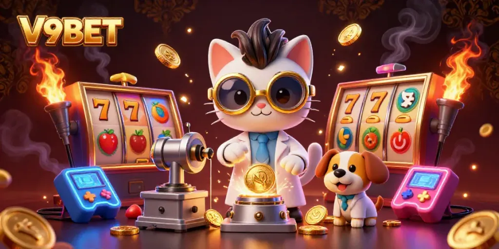 Experience the excitement at V9BET with vibrant casino-themed 3D illustration of a mad scientist cat and dog amidst gold coins.
