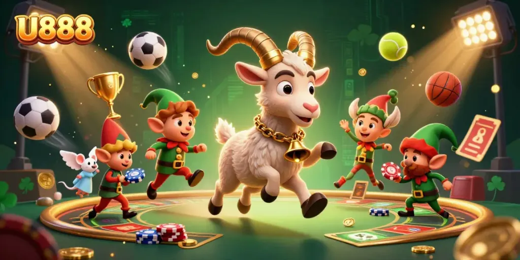 Join the fun at U888 with a festive Krampus goat, angel mouse, and naughty gremlins in a vibrant casino setting.