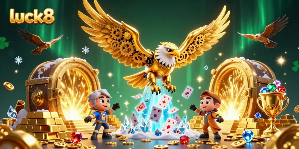 Experience the excitement of luck8 with stunning 3D illustrations featuring golden treasures and dynamic casino elements.