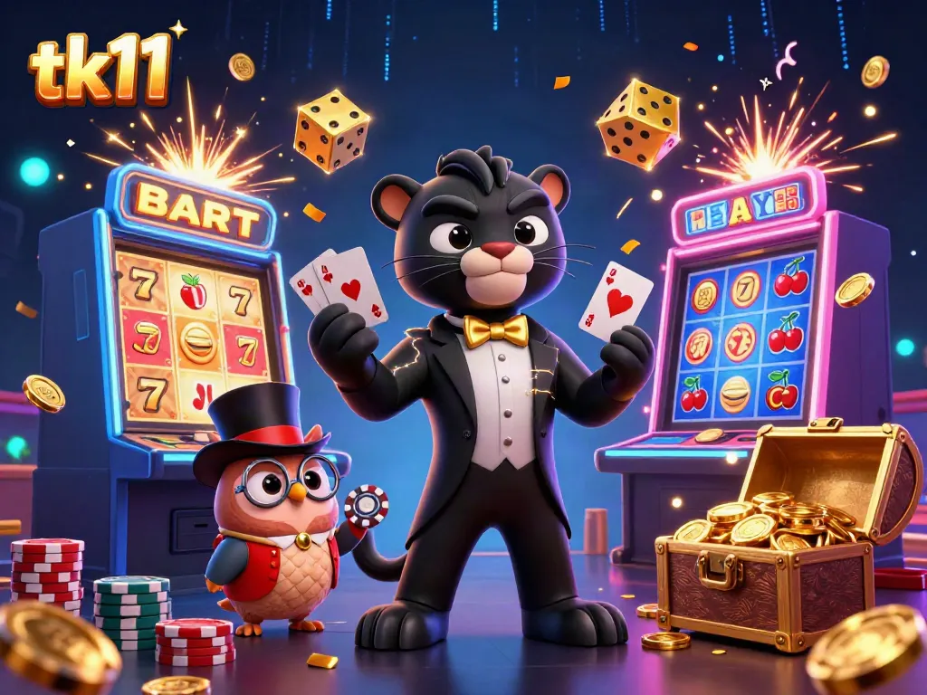 tk11 offers lively entertainment with a stylish black panther, owl, and lucky mouse in a vibrant casino scene.
