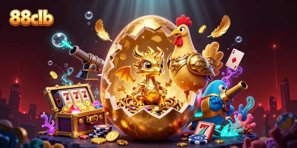 Engage with the thrilling world of 88clb as a golden dragon emerges from poker chips amidst a treasure-filled casino.