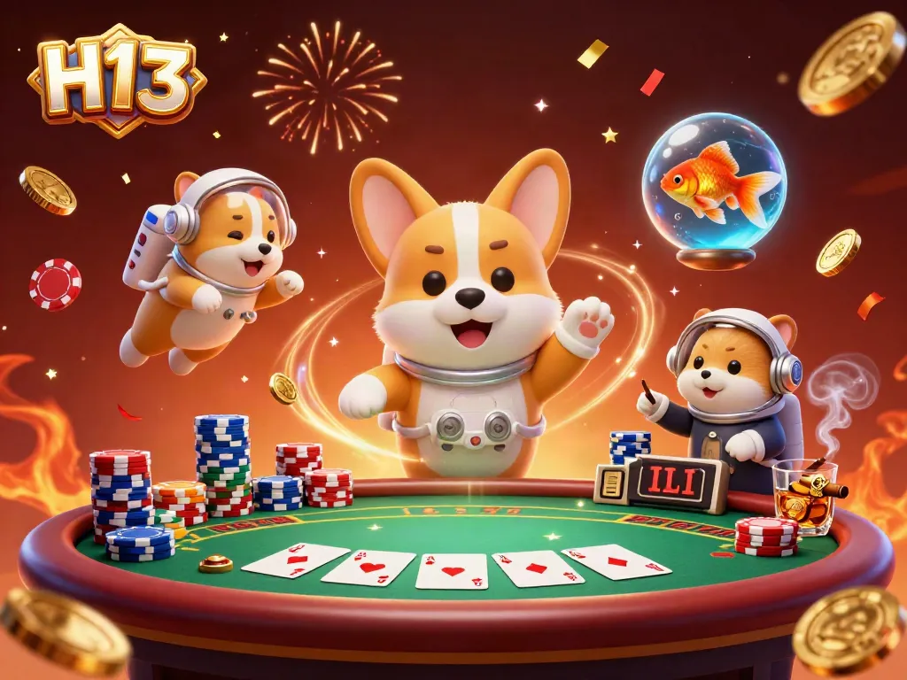 Experience H13 excitement in a dynamic casino scene with floating characters and vibrant gaming elements.