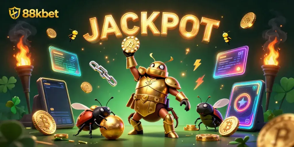 88kbet celebrates a big win in a casino-themed scene with vibrant characters and glowing elements.