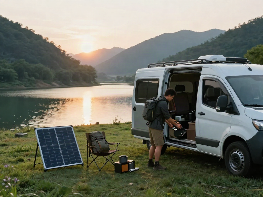 Off-grid camping scene showcasing an RV lithium battery setup, camping gear, and a serene lake.