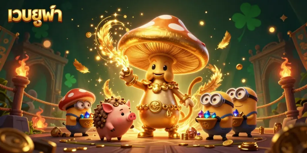 Experience the excitement of เว็บยูฟ่า with a magical 3D casino scene featuring enchanted characters and golden treasures.