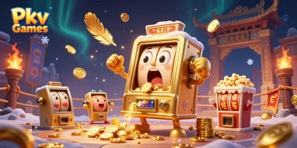 Pkv Games showcasing an animated golden slot machine celebrating a jackpot with coins spilling out.