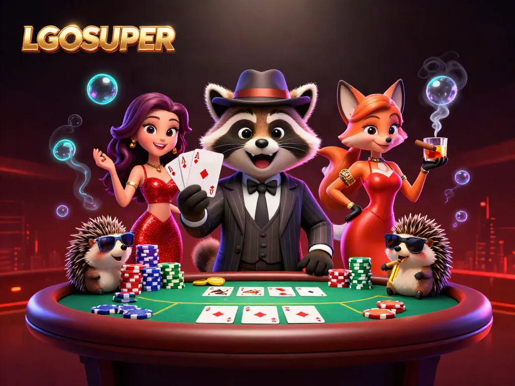 Experience excitement with LGOSUPER as charming raccoon and fox showcase a thrilling poker hand.