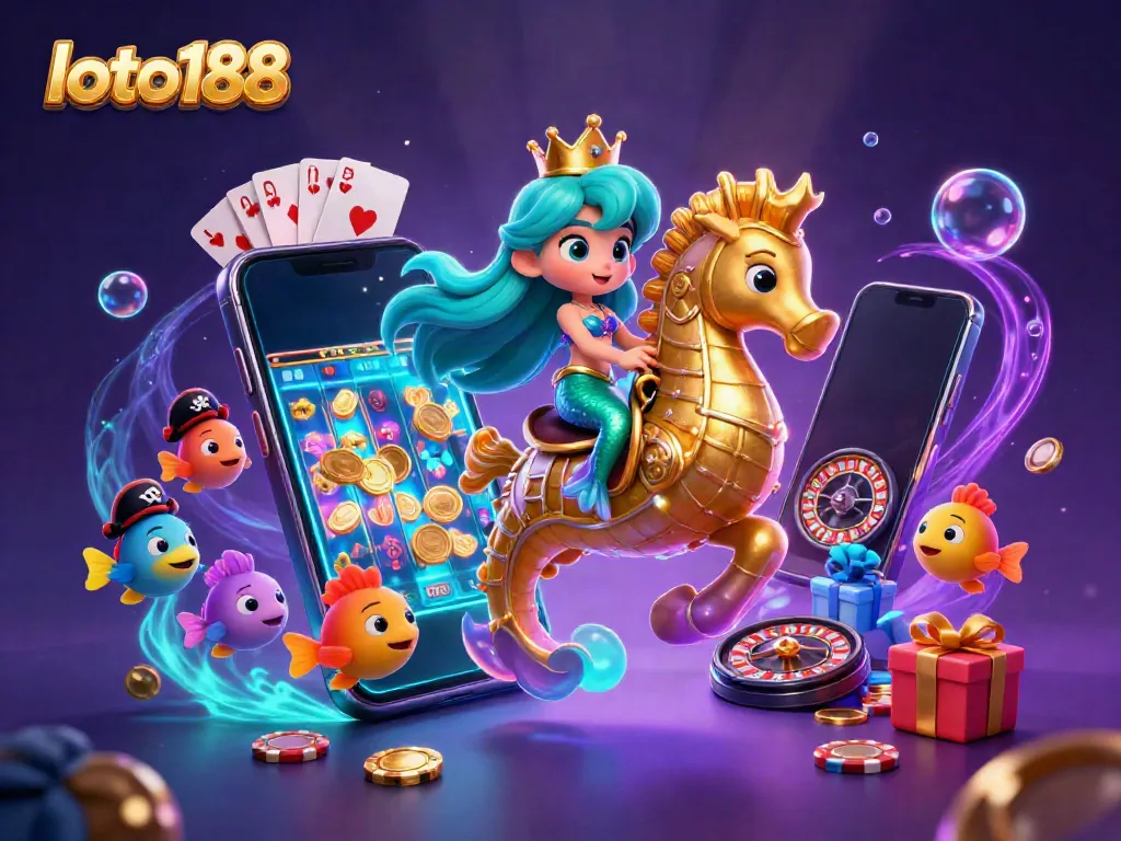 Enhance your gaming experience with loto188's vibrant underwater casino adventure, featuring a mermaid and seahorse.