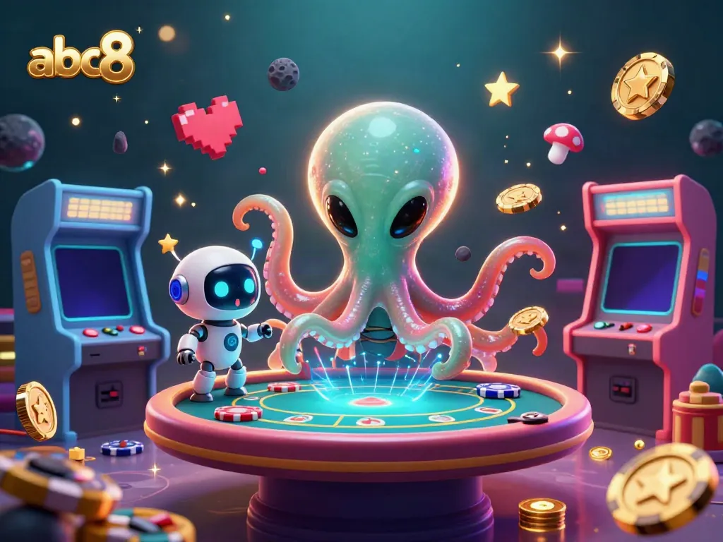 Play thrilling games at abc8 with a dynamic alien octopus and robotic companion in an exciting casino scene.
