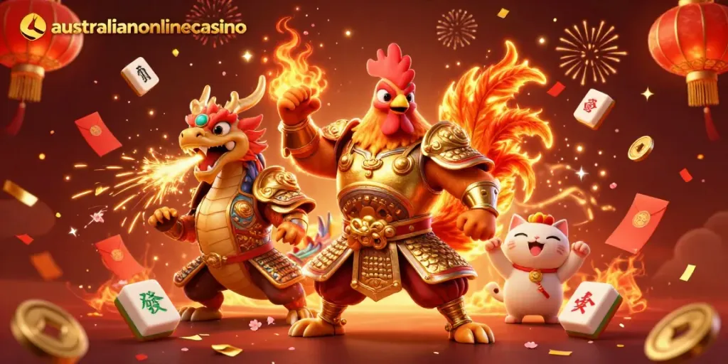 A dynamic 3D scene of a rooster warrior and a dragon hatchling celebrating with animated elements, embodying the spirit of australianonlinecasino.