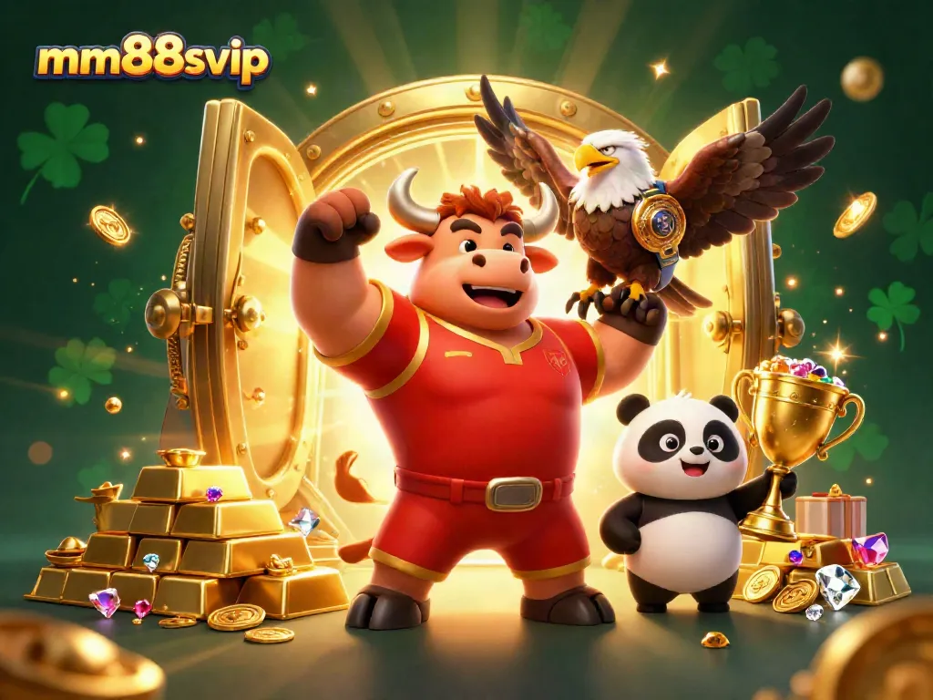 Experience exciting wins at mm88svip with energetic characters celebrating casino victories surrounded by treasures.