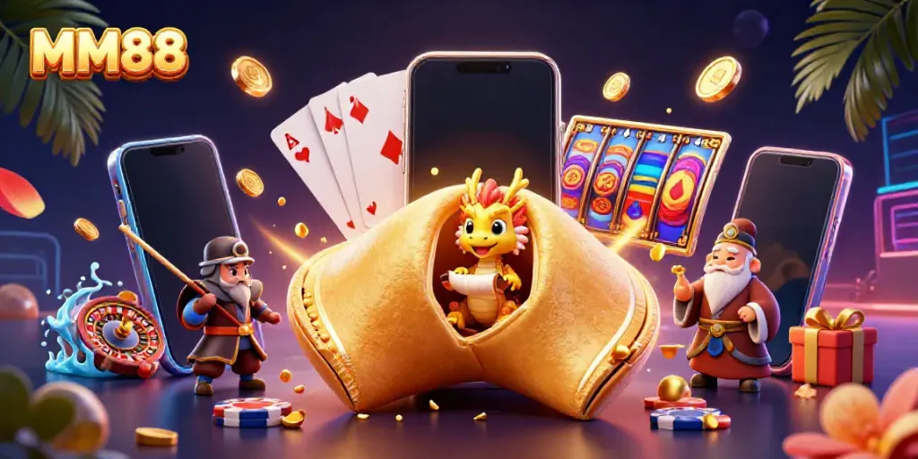 Engage with MM88 through a vibrant casino scene featuring a golden fortune cookie and gaming elements.