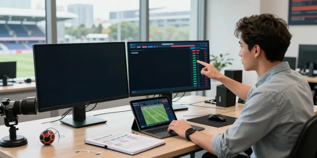 WWBOLA sports analyst reviewing live match data and betting odds in a modern office.