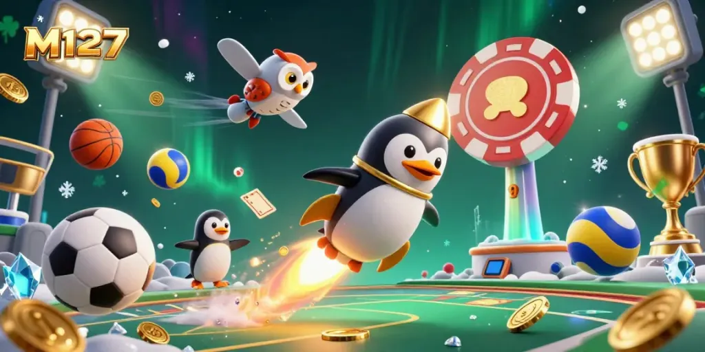 Experience the thrill of M127 with a golden penguin and sports betting elements in a vibrant casino scene.