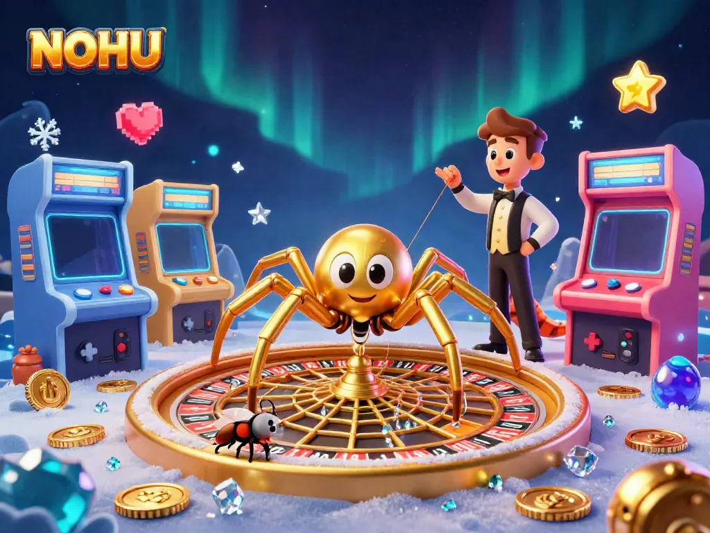 NOHU features a golden spider as a croupier in a dynamic roulette scene, emphasizing online casino excitement.