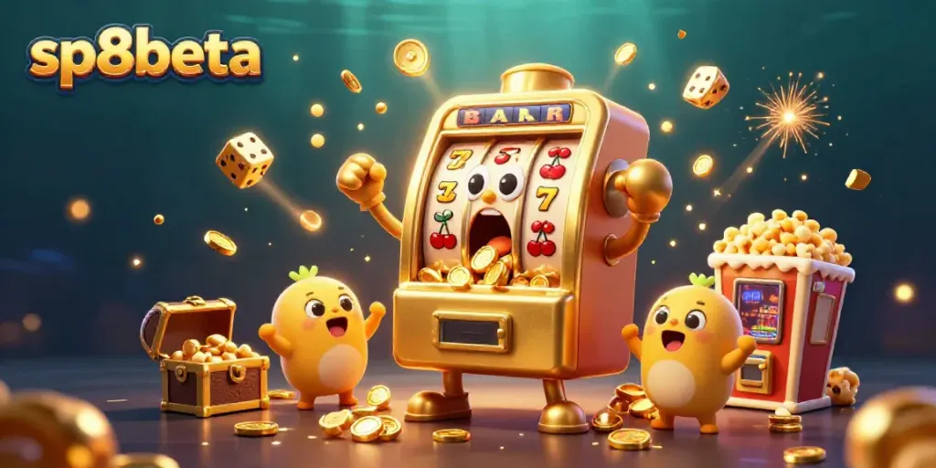 Experience the fun of sp8beta with a golden slot machine in a vibrant casino scene.