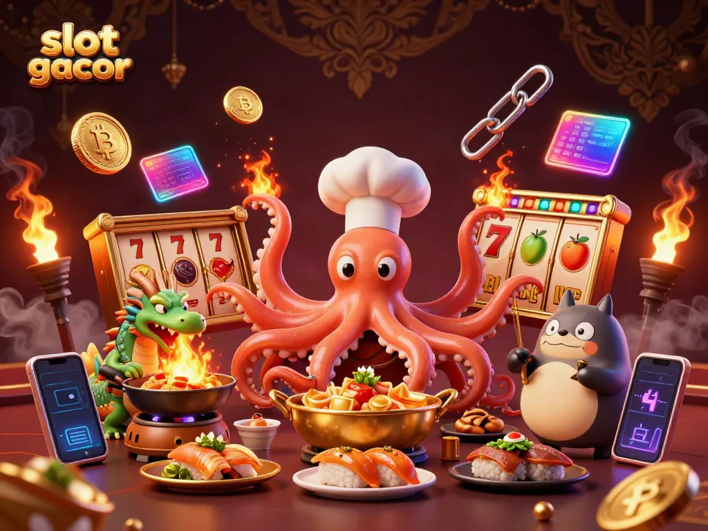 Engage in dynamic slot gacor action with an octopus chef, fiery dragon, and tanuki customer in a vibrant casino setting.