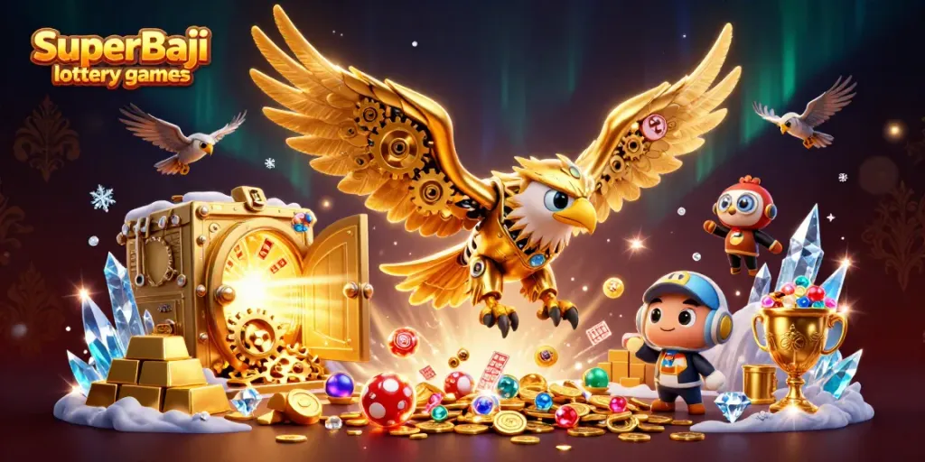 Experience the excitement of SuperBaji lottery games with dynamic holographic elements and golden treasures.