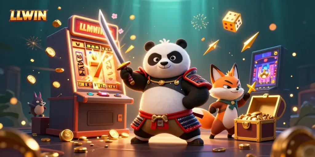 LLWIN's dynamic scene with a samurai panda, ninja fox, and treasure-filled slot machine exploding with gold.