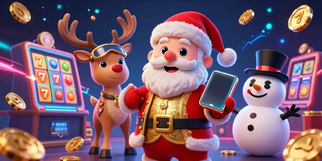 Experience the excitement of SUNWIN with Santa, his reindeer, and a snowman amidst vibrant casino elements.