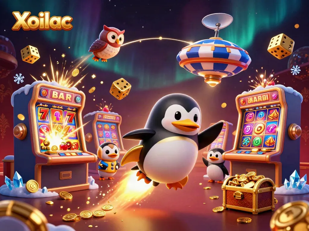 Xoilac's exciting casino-themed journey featuring a golden penguin and slot machines bursting with jackpots.