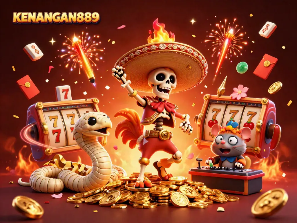 Celebrate winnings with KENANGAN889, featuring vibrant characters and casino elements in a festive scene.