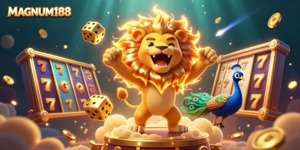 Experience MAGNUM188 through an exciting gaming illustration, featuring vibrant slots and a roaring lion.