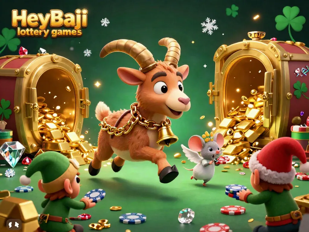 Experience HeyBaji lottery games with a festive 3D illustration filled with excitement, treasures, and chaos