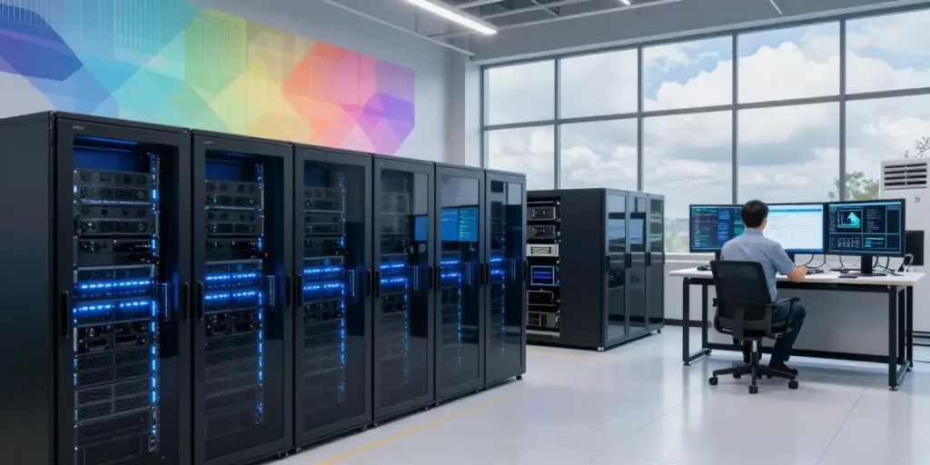 AI infrastructure in a data center with GPU servers, technician monitoring systems and performance metrics.