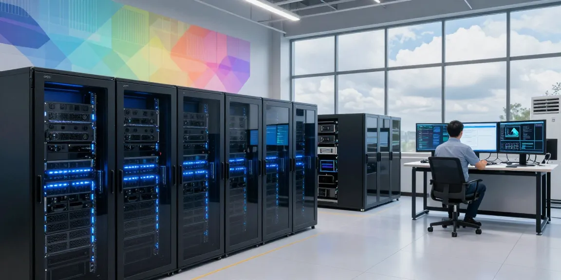 AI infrastructure in a data center with GPU servers, technician monitoring systems and performance metrics.